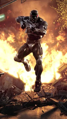 Crysis Обои на телефон человек в одежде прыгает в воздух с огнем и дымом