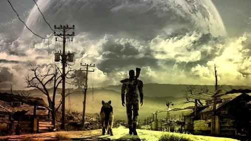 Fallout 4 Обои на телефон человек и собака гуляют по грунтовой дороге с облачным небом