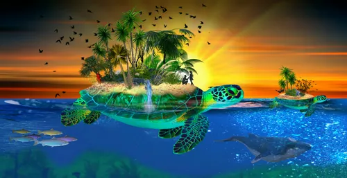На Рабочий Стол Картинки черепаха плавает в воде с деревьями и растениями на заднем плане