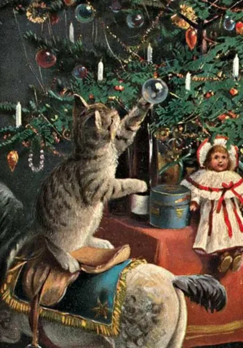 Новогодние Картинки кот, сидящий на стуле рядом с елкой