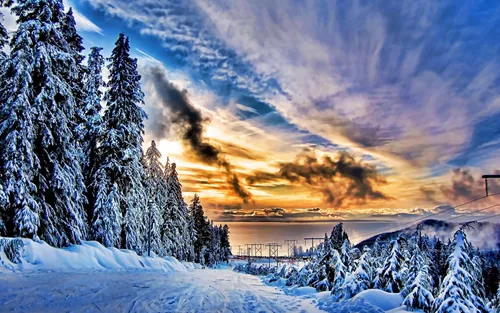 Зима Картинки снежный пейзаж с деревьями и зданием вдали