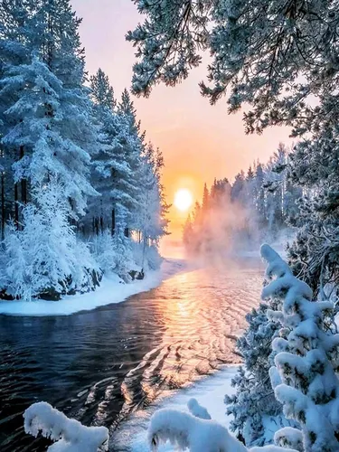 Зима Картинки река со снегом и деревьями