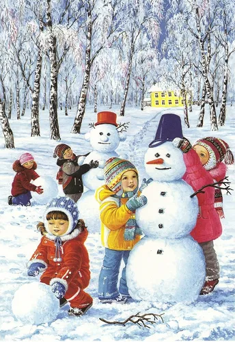 Мод Хамфри, Элоиза Уилкин, Зима Картинки группа детей позирует со снеговиком