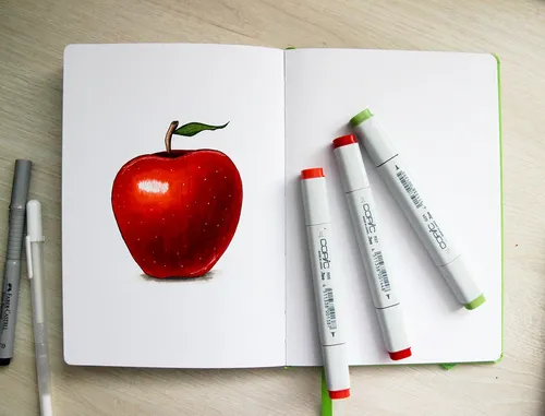 Скетчбук Начинающий Для Срисовки Картинки красное яблоко и несколько ручек