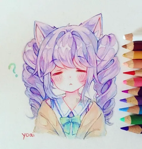 Аниме Для Срисовки Цветные Картинки рисунок девушки с фиолетовыми волосами и галстуком-бабочкой