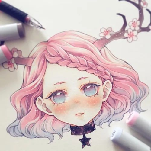 Аниме Для Срисовки Цветные Картинки рисунок девушки с розовыми волосами и ручкой