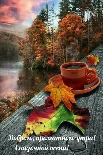 Доброе Осеннее Утро Картинки чашка кофе на листе на скале у реки