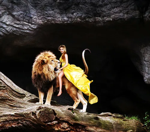 Лев Картинки человек в желтом платье, сидящий на бревне рядом со львом