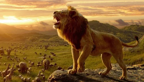 Лев Картинки лев, стоящий на скале со стадом животных на заднем плане