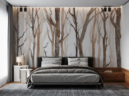 кровать со стеной из деревьев