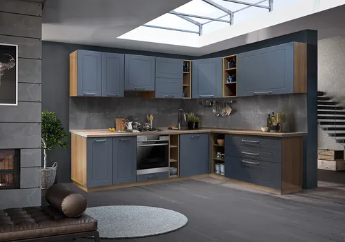 Кухни Фото кухня с синими шкафами