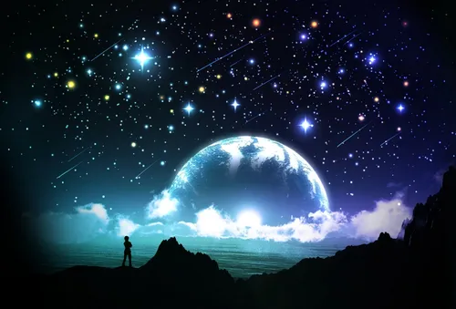 Звезды Картинки человек, стоящий на горе и смотрящий на планету со звездами на небе