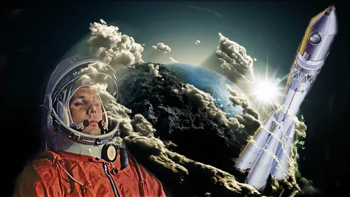 Ко Дню Космонавтики Картинки человек в скафандре и шлеме с ракетой на заднем плане