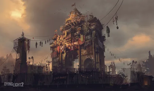 Dying Light Обои на телефон видеоигра, показывающая замок с людьми, идущими по нему