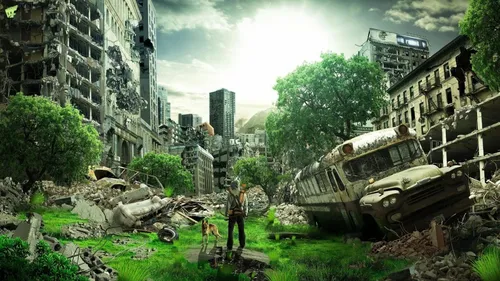 Постапокалипсис Обои на телефон человек, стоящий рядом с разрушенным автомобилем, и человек, стоящий в разрушенном здании