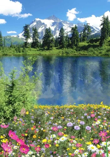 Природа Современный Обои на телефон озеро с цветами и деревьями и гора на заднем плане