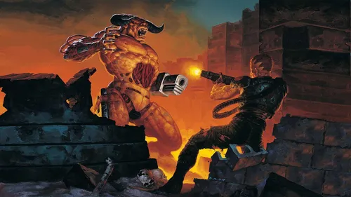 Doom Обои на телефон видеоигра, показывающая человека в одежде с пистолетом и человека в красной накидке