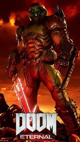 Doom Обои на телефон постер фильма с человеком в доспехах, держащим меч