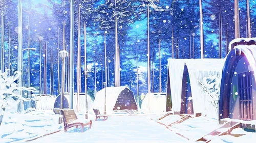 Аниме Зима Обои на телефон снежная местность с палатками и деревьями