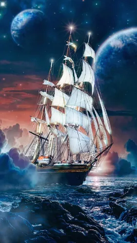 Пираты Обои на телефон корабль в воде с фейерверком на заднем плане