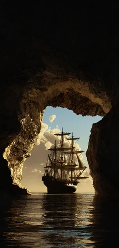 Пираты Обои на телефон корабль в пещере
