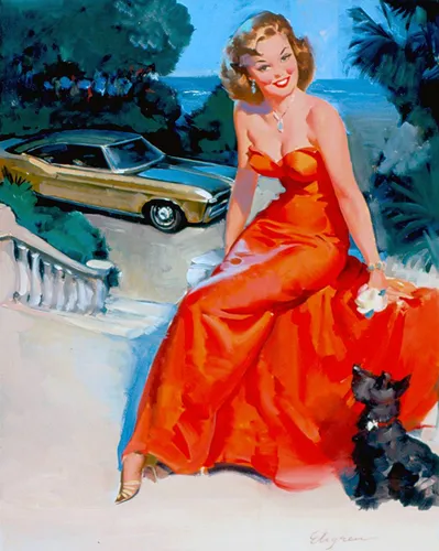 Гил Элвгрен, Пин Ап Обои на телефон человек в красном платье сидит на выступе с кошкой
