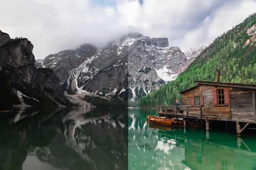 Обработка Фото домик на причале в озере с горами на заднем плане