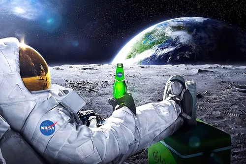 Космоса Фото человек, лежащий на земле с бутылкой пива и планетой на заднем плане