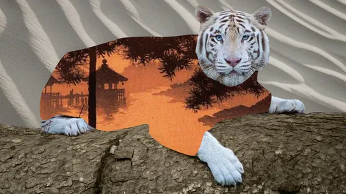 Тигра Фото белый тигр, лежащий на скале