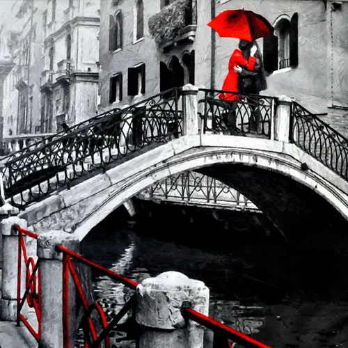 Черно Белое Фото пара человек идет по мосту с зонтиком