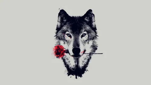 Волк Фото черно-белая собака с красным цветком во рту