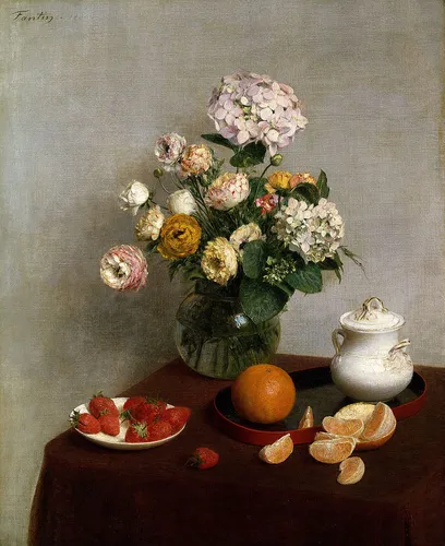 Натюрморт Фото ваза с цветами и фруктами на столе