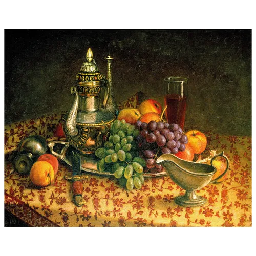 Натюрморт Фото стол со стаканом и фруктами