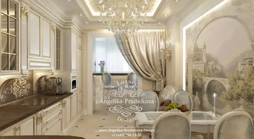 Дизайн Кухни Фото модная кухня с люстрой и большим зеркалом