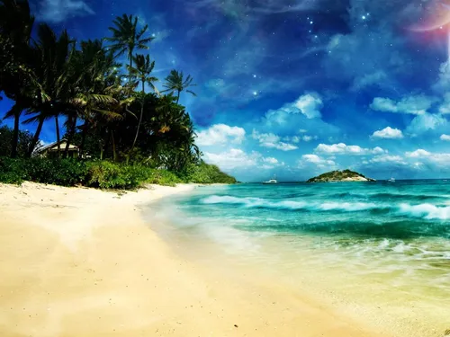 Бесплатно Обои на телефон пляж с пальмами и водоемом