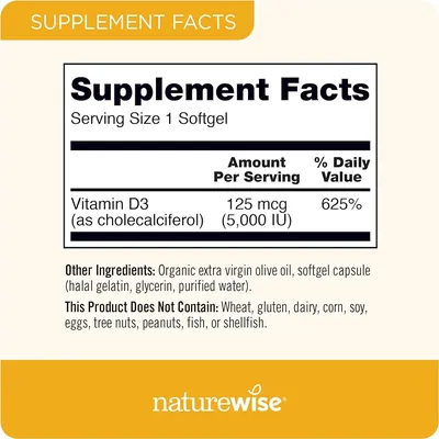 Amazon.com: NatureWise Vitamin D3 5000iu (125 mcg) 1 Year Supply for  Healthy Muscle Function, and Immune Support, Non-GMO, Gluten Free in  Cold-Pressed Olive Oil, Packaging Vary ( Mini Softgel), 360 Count :