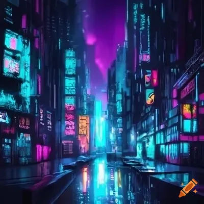 1200x480 twitch banner of a cyberpunk night cityscape looking up at the  neon lights raining on Craiyon