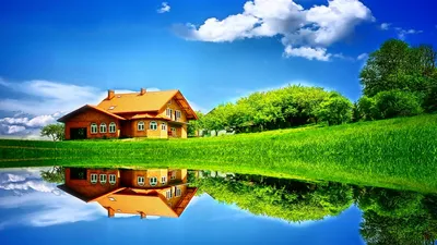 Картинка на рабочий стол лето, дом, луг, озеро, природа, небо, облака 1366  x 768