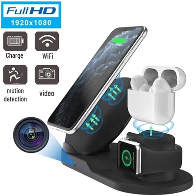 Купить 1080p HD Wi-Fi Мини-камера Многофункциональное беспроводное зарядное  устройство Камера Телефон Подставка для зарядки телефона Motion | Joom