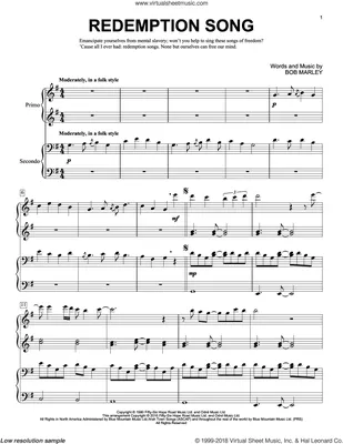 Redemption Song sheet music for piano four hands (PDF)