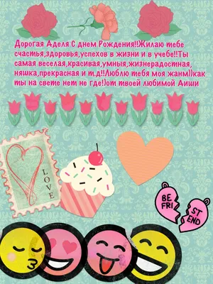 Аделя! С днём рождения! Открытка с шоколадным тортом и надписью на нём  Happy Birthday! Картинка с розами.