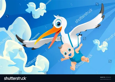 Аист летит в небе с ребенком, иллюстрации Включая: аист и новорожденный -  Envato Elements