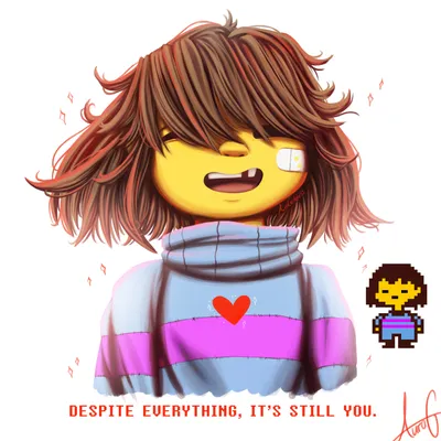 Frisk undertale female wearing blue hoodie with yellow stripes and yellow  overall closed eyes brown hair anime style galaxy hd 4k cute :3 smile on  Craiyon