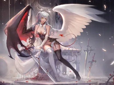 Dark fantasy anime still of angels fighting demons on Craiyon