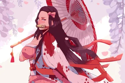 Картина по номерам на холсте Аниме Клинок рассекающий демонов девушка в  кимоно с зонтом Незуко - 1037 - купить с доставкой по выгодным ценам в  интернет-магазине OZON (276423557)