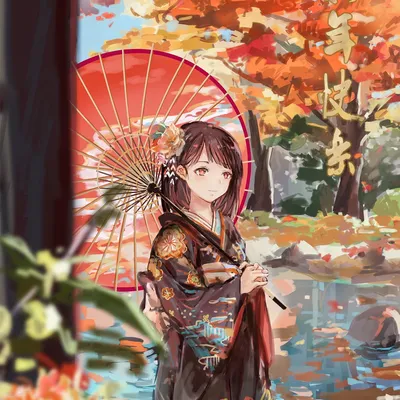 Фотообои \"Девушка аниме в кимоно с цветком шиповника\" - Арт. 210054 |  Купить в интернет-магазине Уютная стена