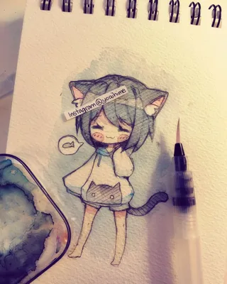 Картинка кошка аниме на веточке ❤ для срисовки