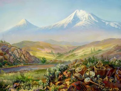 Ararat with national attributes of culture Painting by Meruzhan Khachatryan  - Pixels