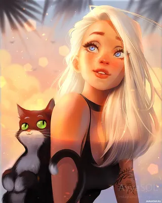 Девушки, животные, коты, белые волосы. Большая картинка 720x900px