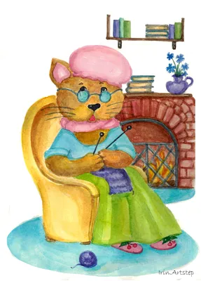 Иллюстрация Бабушка-кошка в стиле детский, живопись, книжная